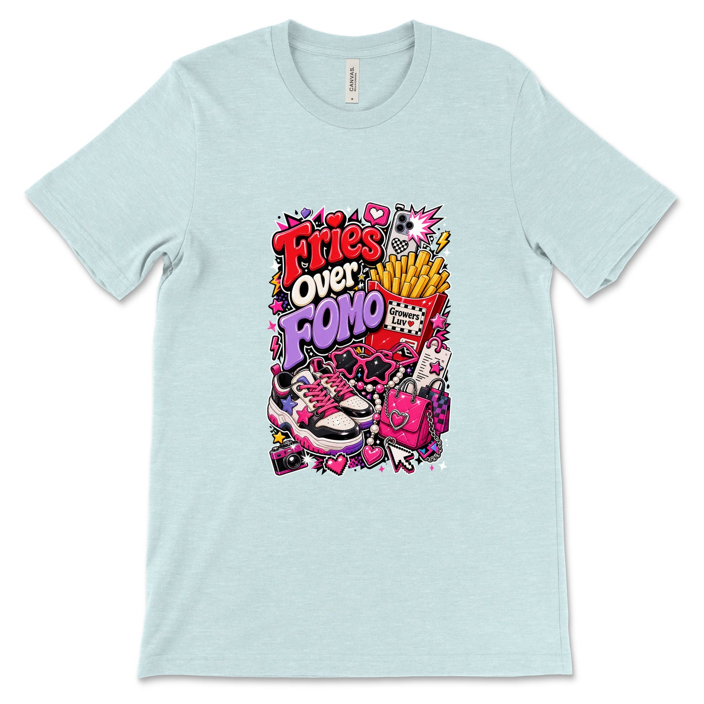 Fries Over Fomo Women's Bella Canvas Graphic Tee in Heather Ice Blue