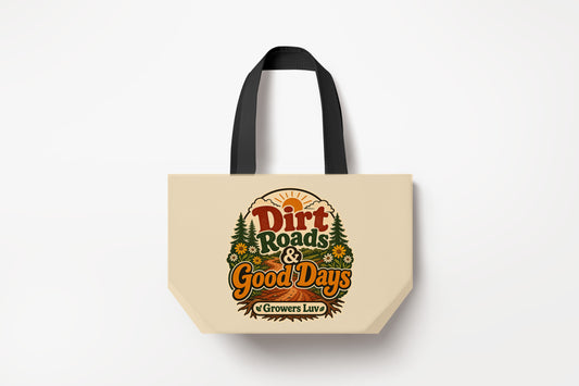 Dirt Roads Good Days Large Natural Tote Bag product mockup on natural tote bag