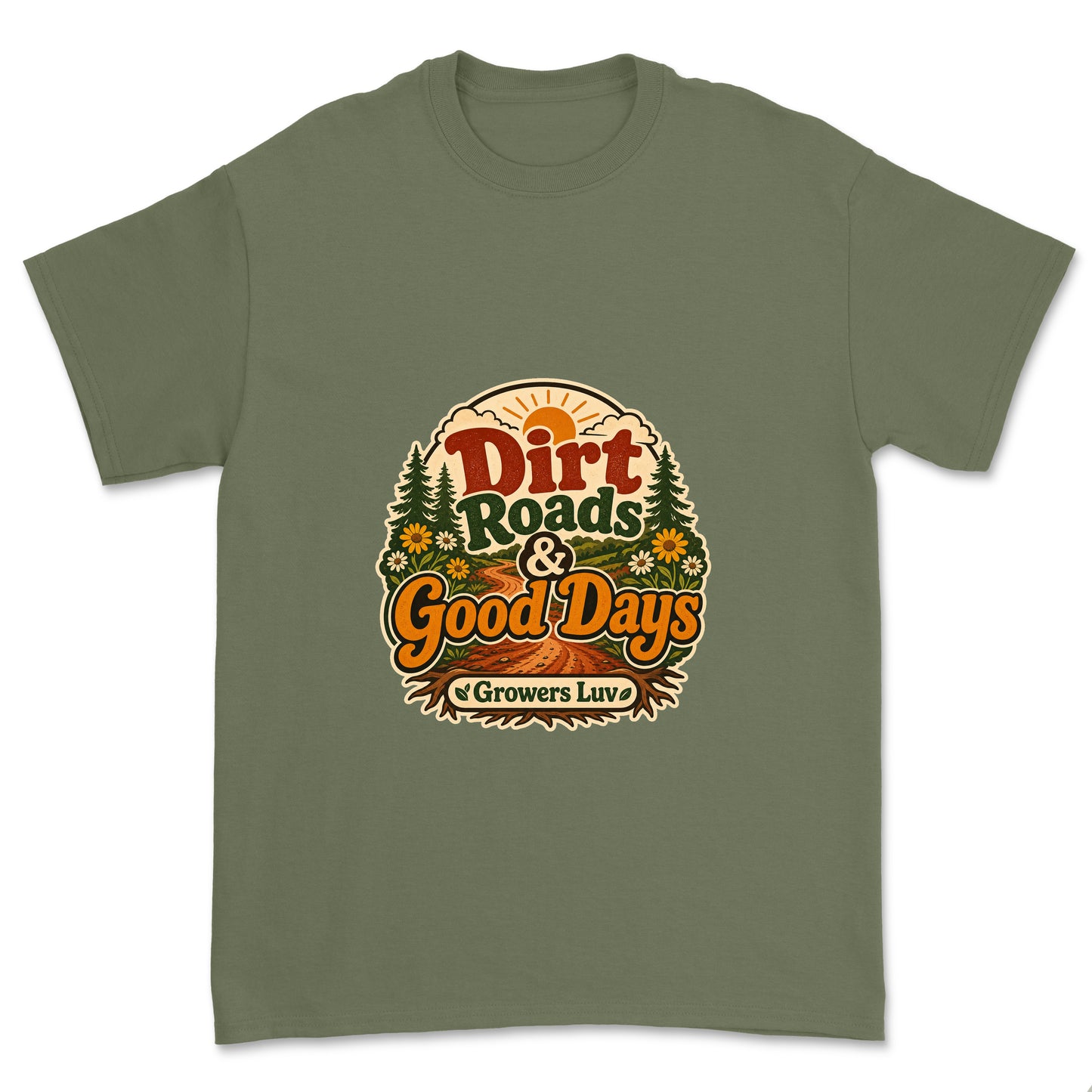 Dirt Roads Good Days Men's Gildan Graphic Tee in Military Green