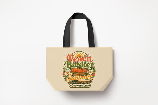 Peach Basket Summer Large Natural Tote Bag product mockup on natural tote bag