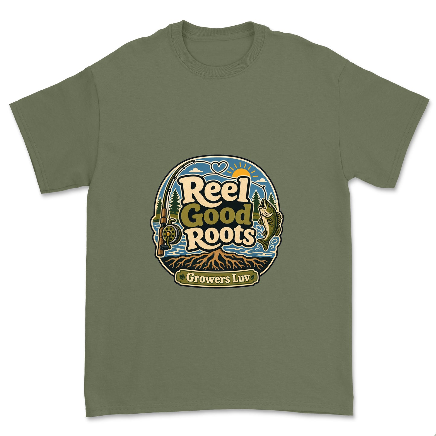 Reel Good Roots Men's Gildan Graphic Tee in Military Green