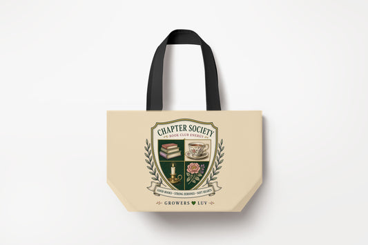 Chapter Society Large Natural Tote Bag product mockup on natural tote bag