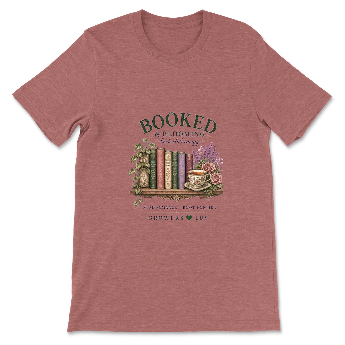 Booked And Blooming Women's Bella Canvas Graphic Tee in Heather Mauve