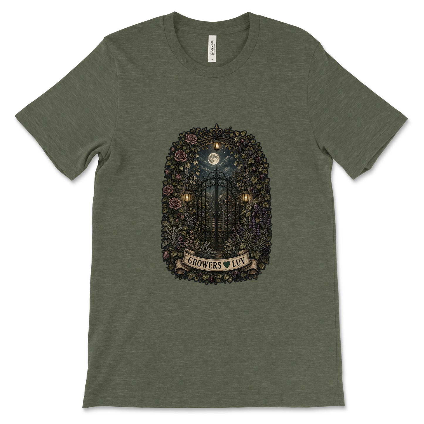 Moonlit Garden Gate Women's Bella Canvas Graphic Tee in Heather Military Green