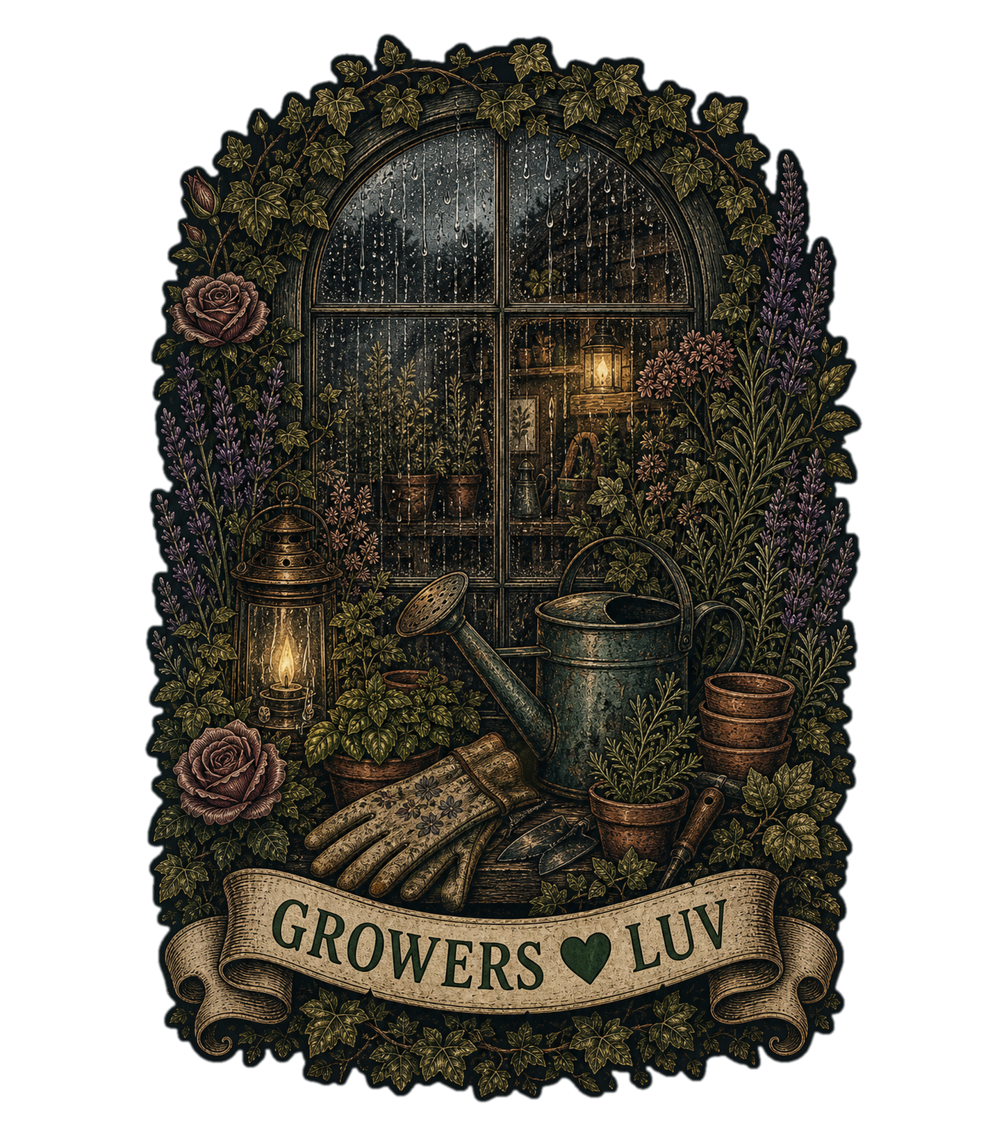 Rainy Potting Window Large Natural Tote Bag artwork detail