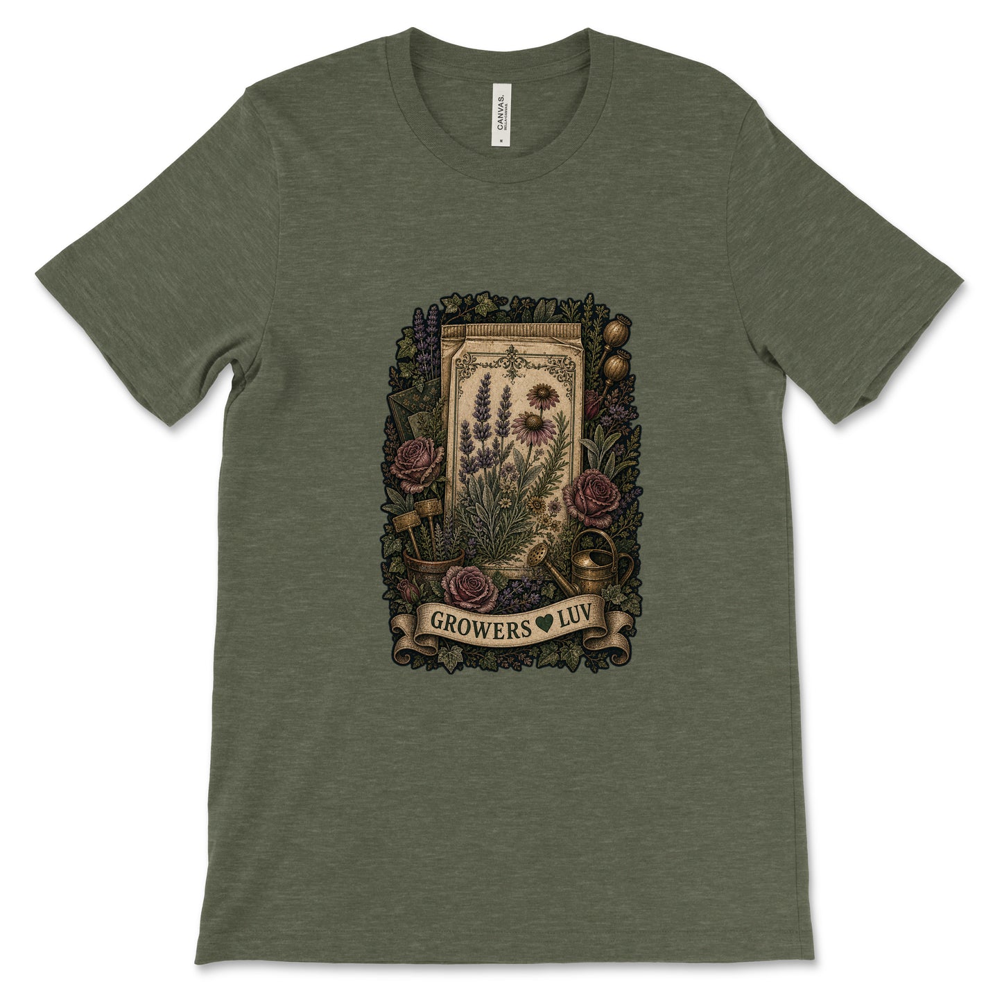 Antique Seed Packet Women's Bella Canvas Graphic Tee in Heather Military Green