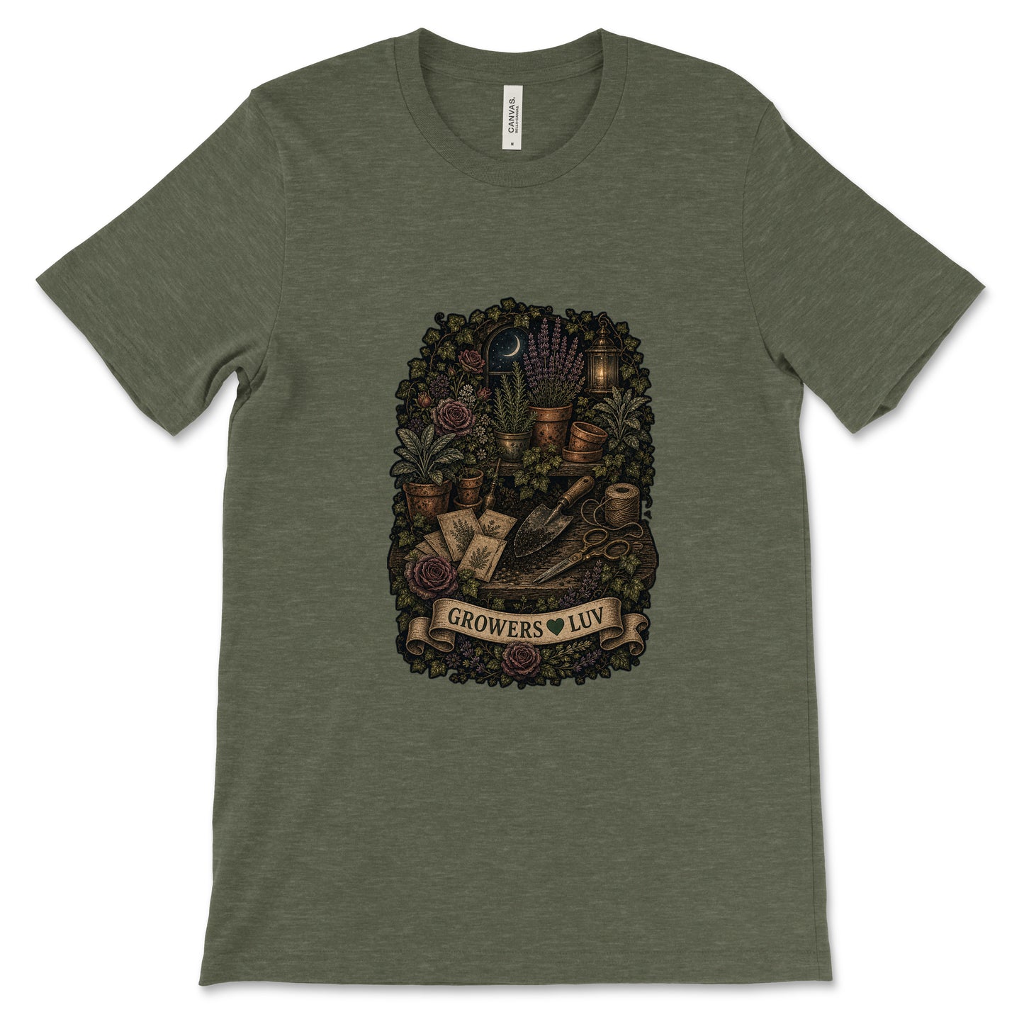 Midnight Potting Bench Women's Bella Canvas Graphic Tee in Heather Military Green