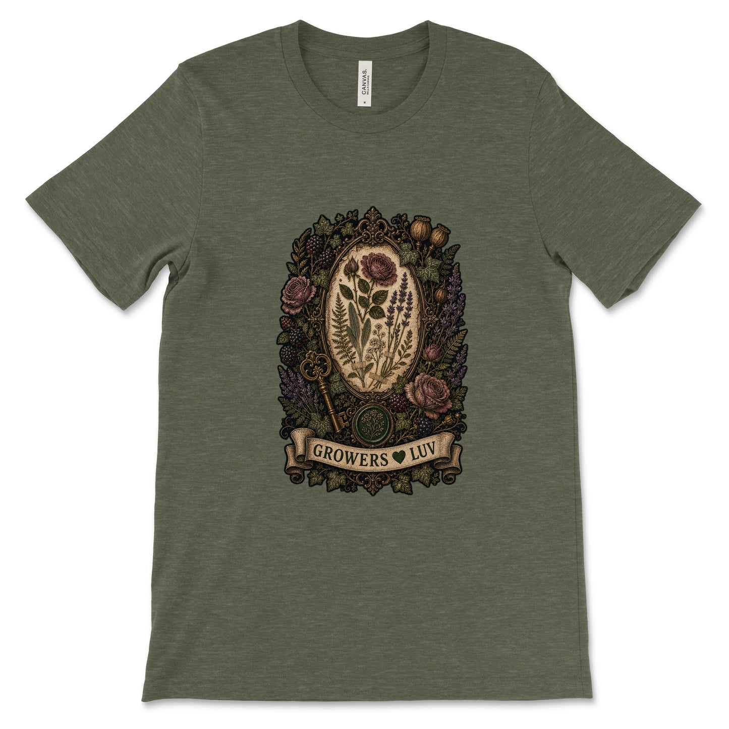 Victorian Herbarium Key Women's Bella Canvas Graphic Tee in Heather Military Green