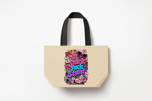 Snack Pack Stylist Large Natural Tote Bag product mockup on natural tote bag