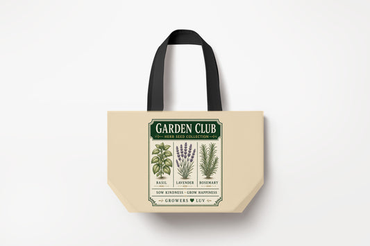 Garden Club Herb Seed Collection Large Natural Tote Bag product mockup on natural tote bag