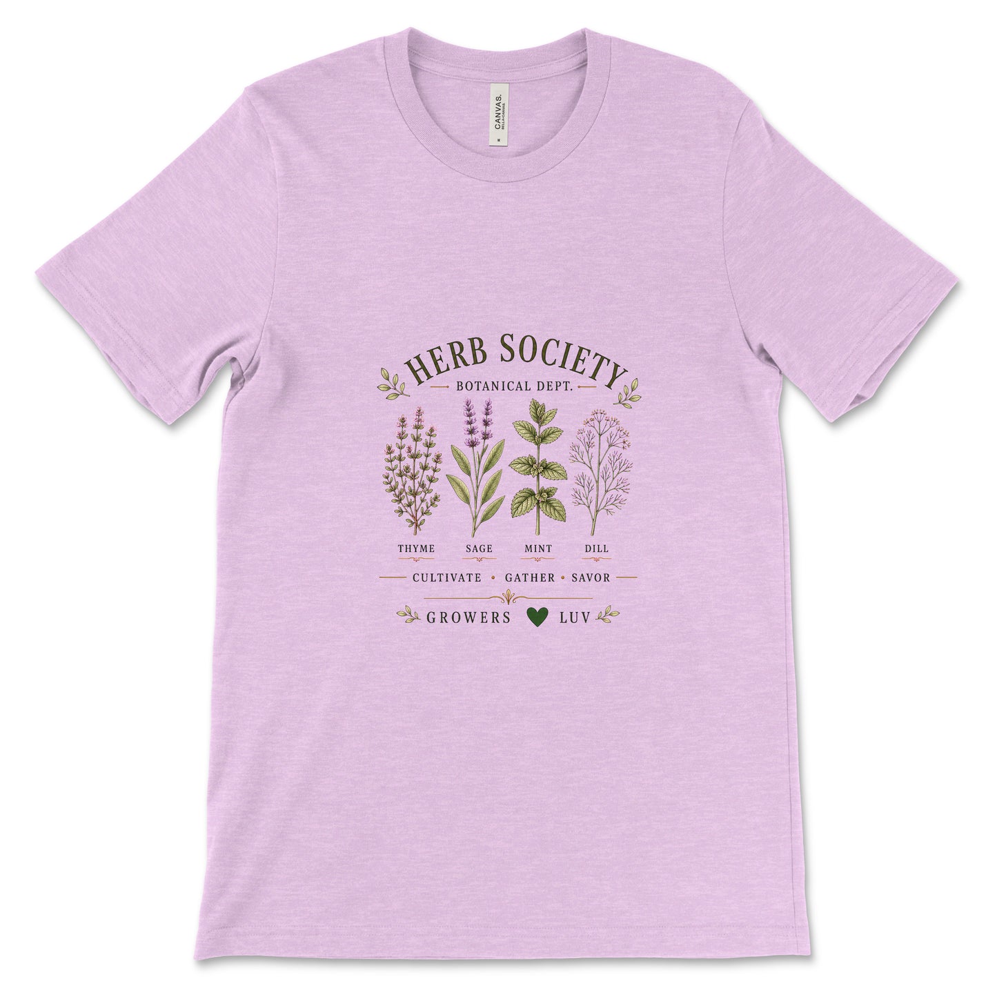Herb Society Botanical Dept Women's Bella Canvas Graphic Tee in Heather Prism Lilac