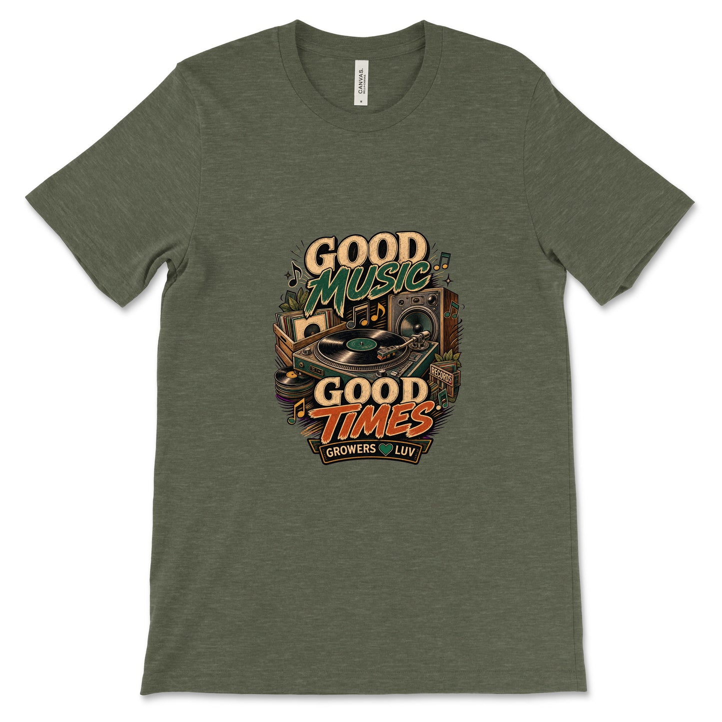 Good Music Good Times Women's Bella Canvas Graphic Tee in Heather Military Green