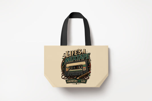 Lifes A Mixtape Large Natural Tote Bag product mockup on natural tote bag
