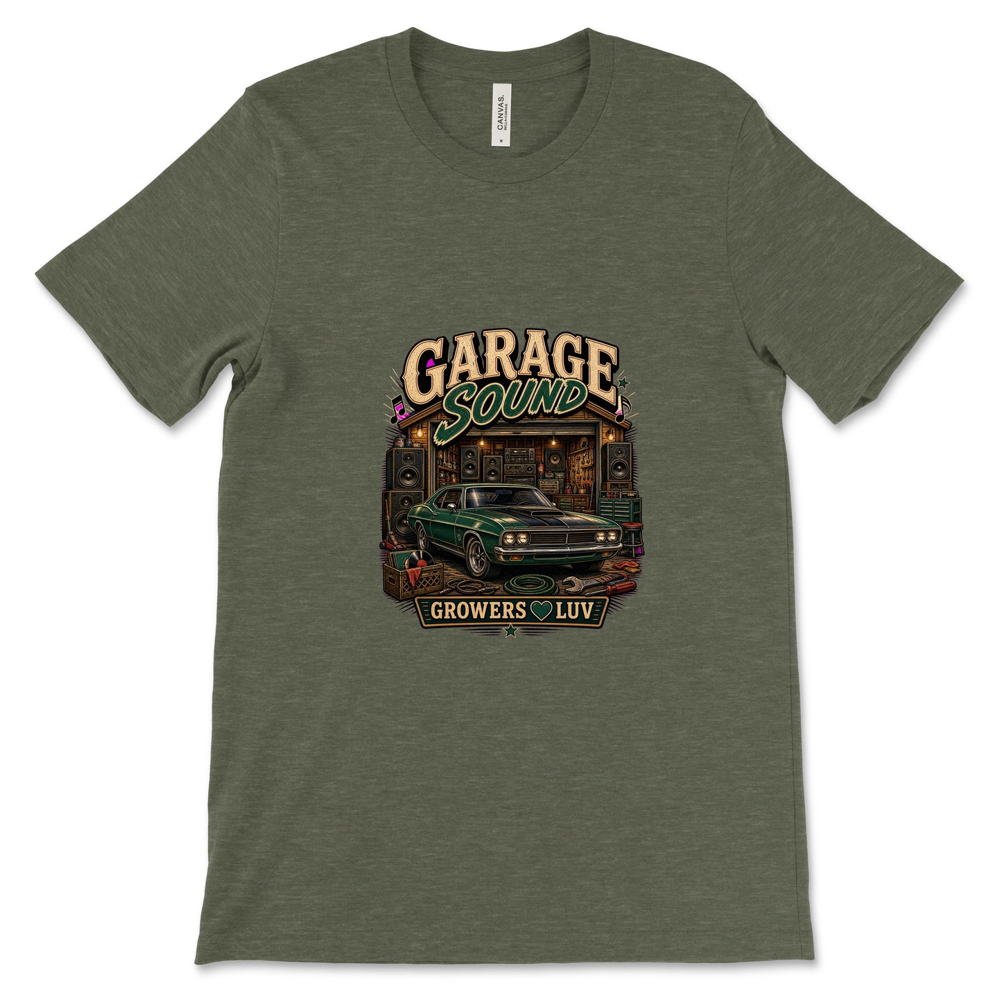 Garage Sound Women's Bella Canvas Graphic Tee in Heather Military Green
