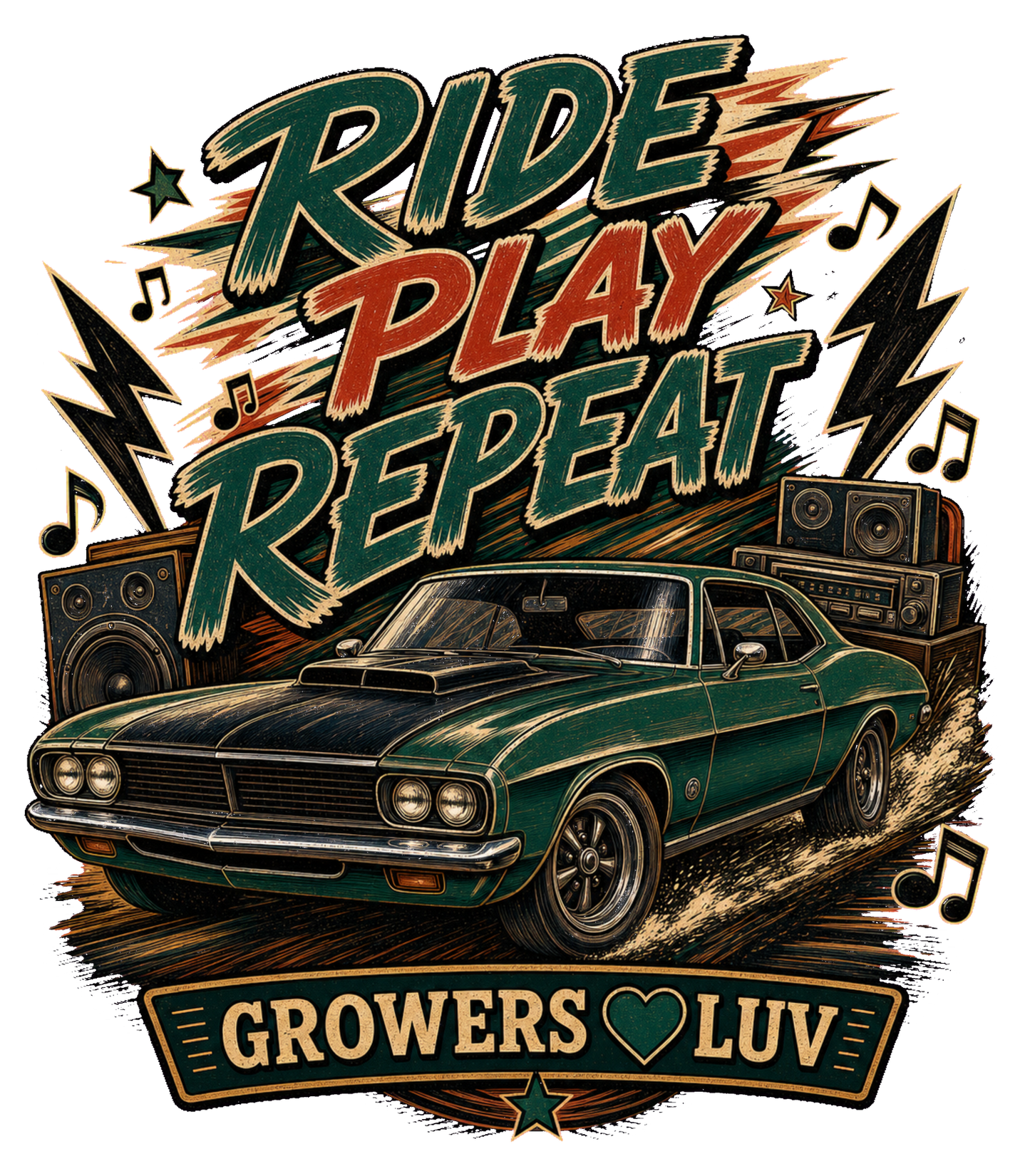 Ride Play Repeat Large Natural Tote Bag artwork detail
