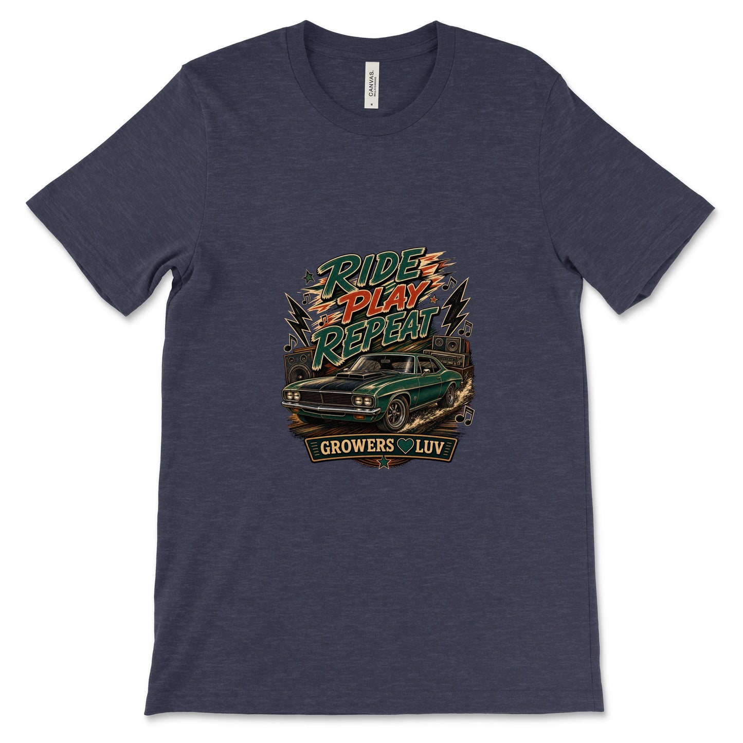Ride Play Repeat Women's Bella Canvas Graphic Tee in Heather Midnight Navy