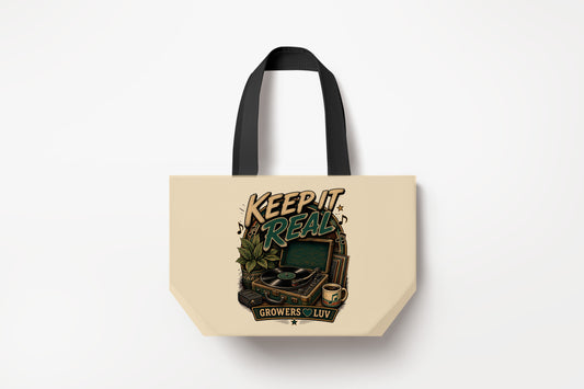 Keep It Real Large Natural Tote Bag product mockup on natural tote bag
