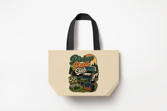 Pickup Patio Club Large Natural Tote Bag product mockup on natural tote bag