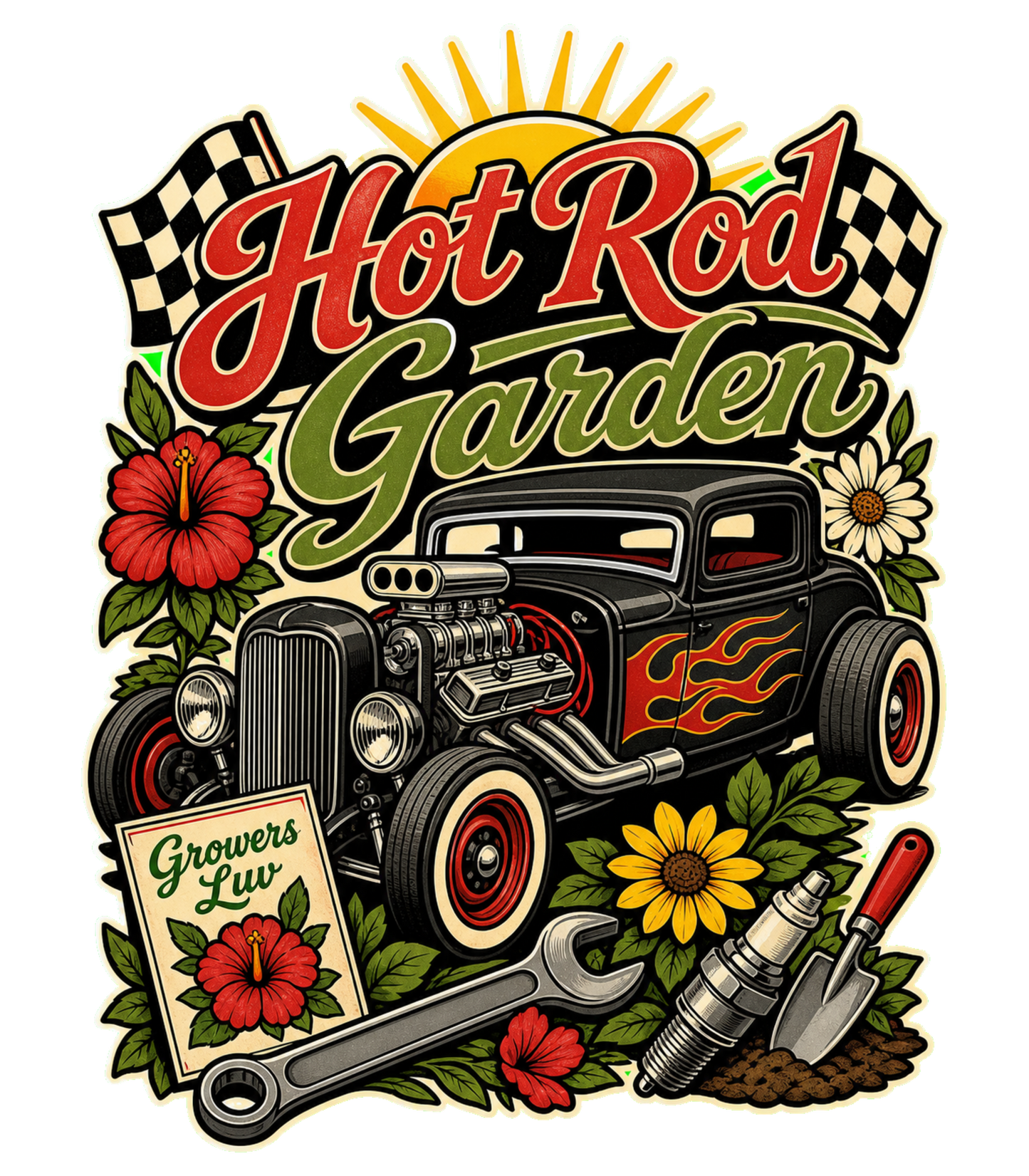 Hot Rod Garden Large Natural Tote Bag artwork detail