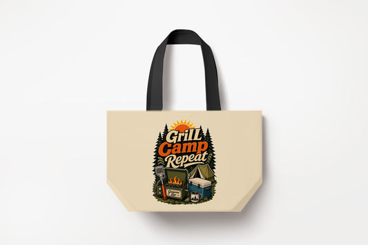 Grill Camp Repeat Large Natural Tote Bag product mockup on natural tote bag