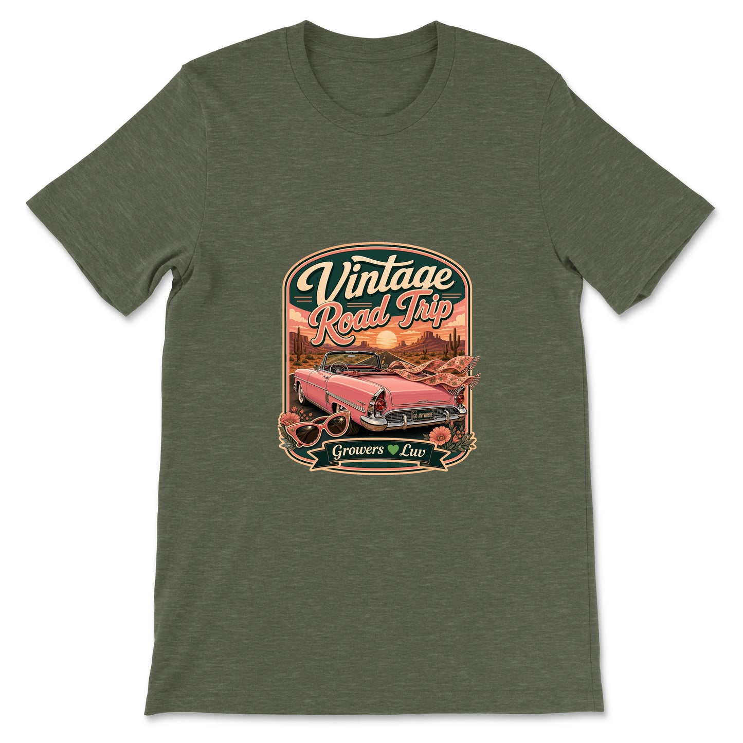 Vintage Road Trip Women's Bella Canvas Graphic Tee in Heather Military Green
