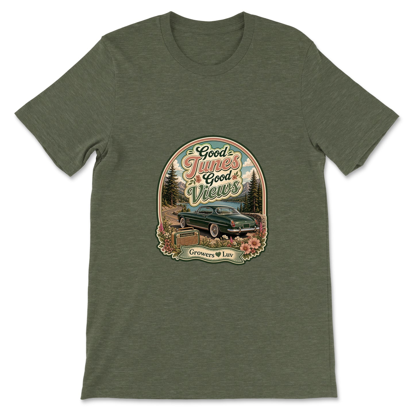Good Tunes Good Views Women's Bella Canvas Graphic Tee in Heather Military Green