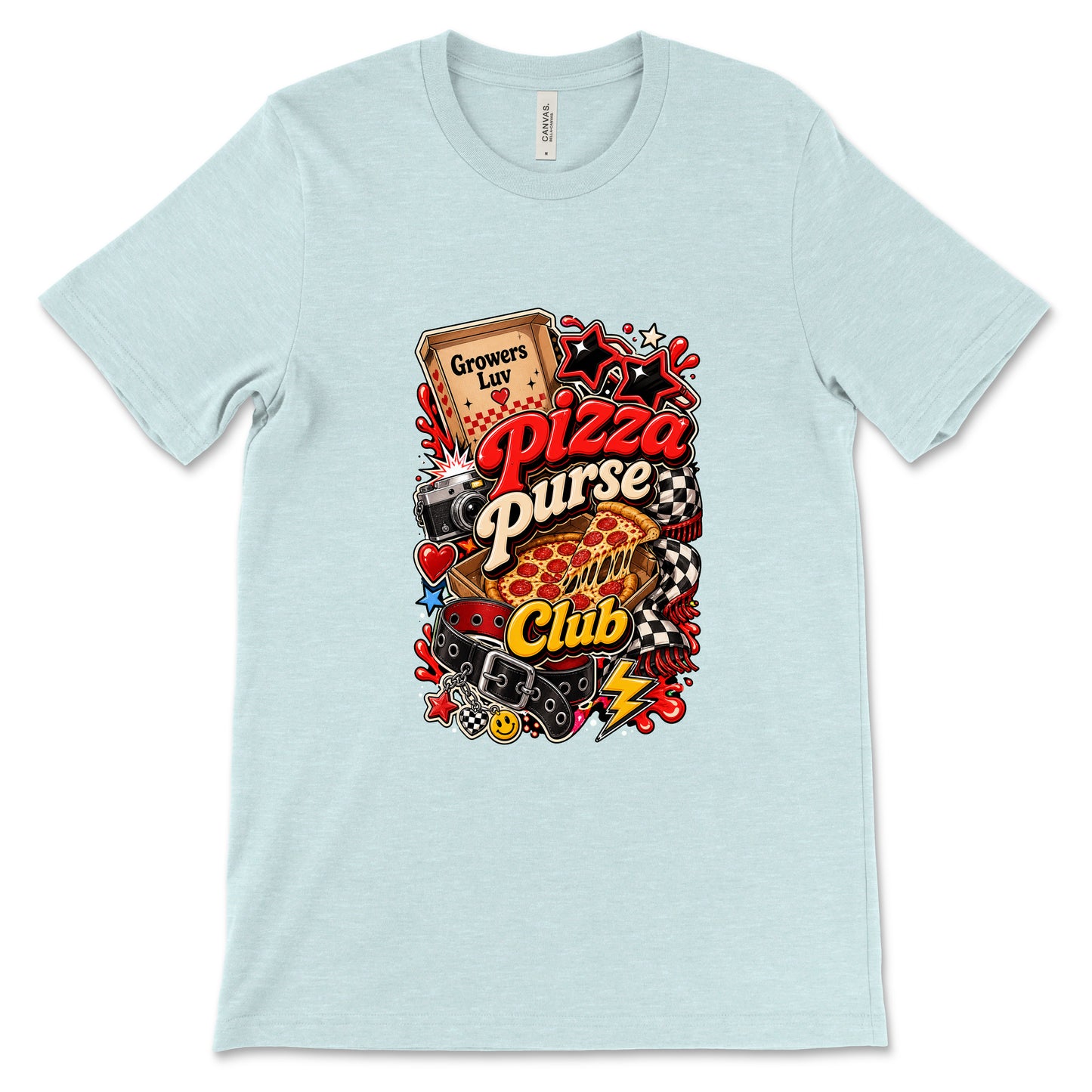 Pizza Purse Club Women's Bella Canvas Graphic Tee in Heather Ice Blue