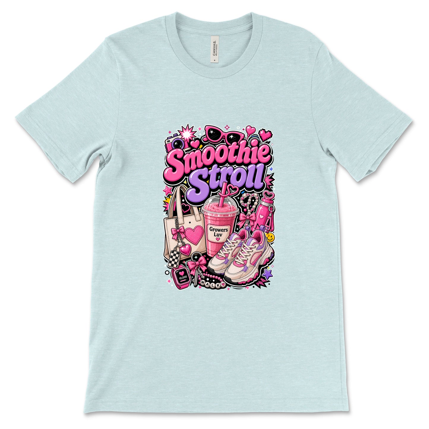 Smoothie Stroll Women's Bella Canvas Graphic Tee in Heather Ice Blue