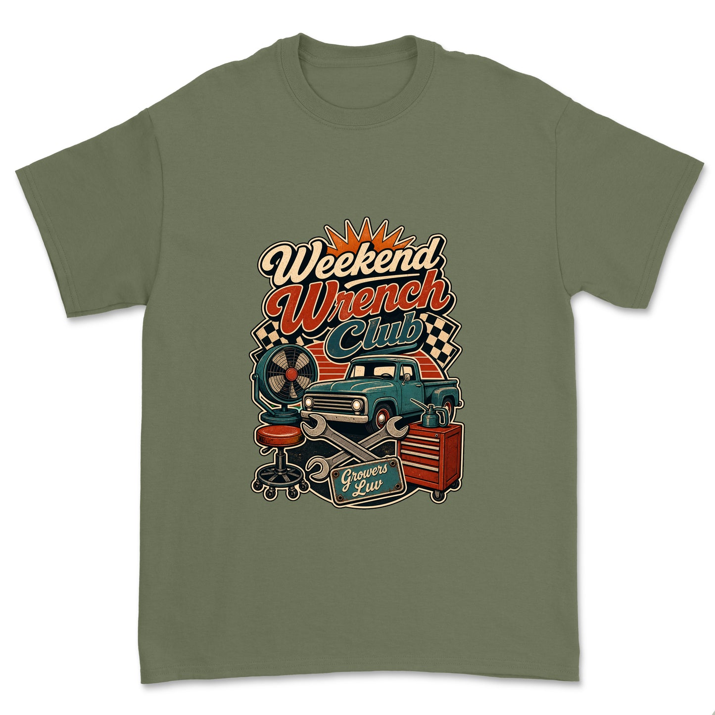 Weekend Wrench Club Men's Gildan Graphic Tee in Military Green