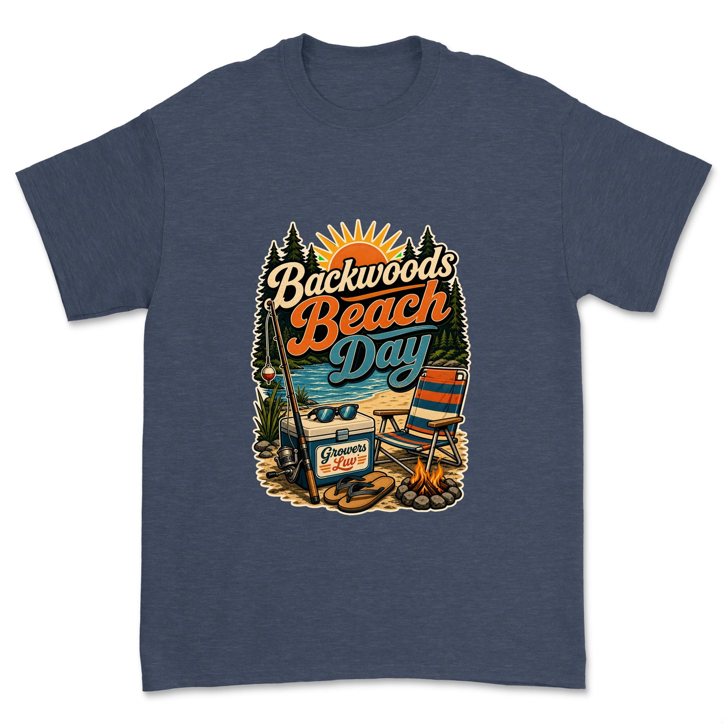 Backwoods Beach Day Men's Gildan Graphic Tee in Heather Navy