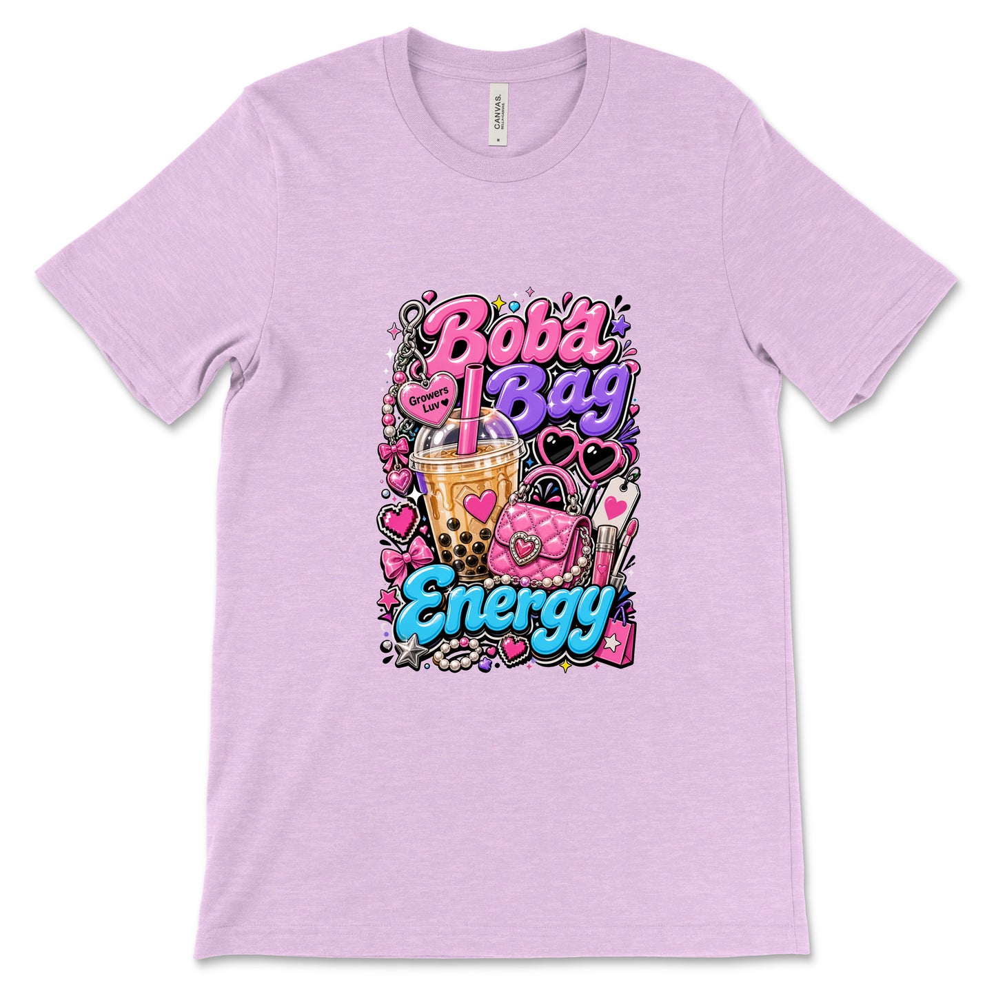 Boba Bag Energy Women's Bella Canvas Graphic Tee in Heather Prism Lilac