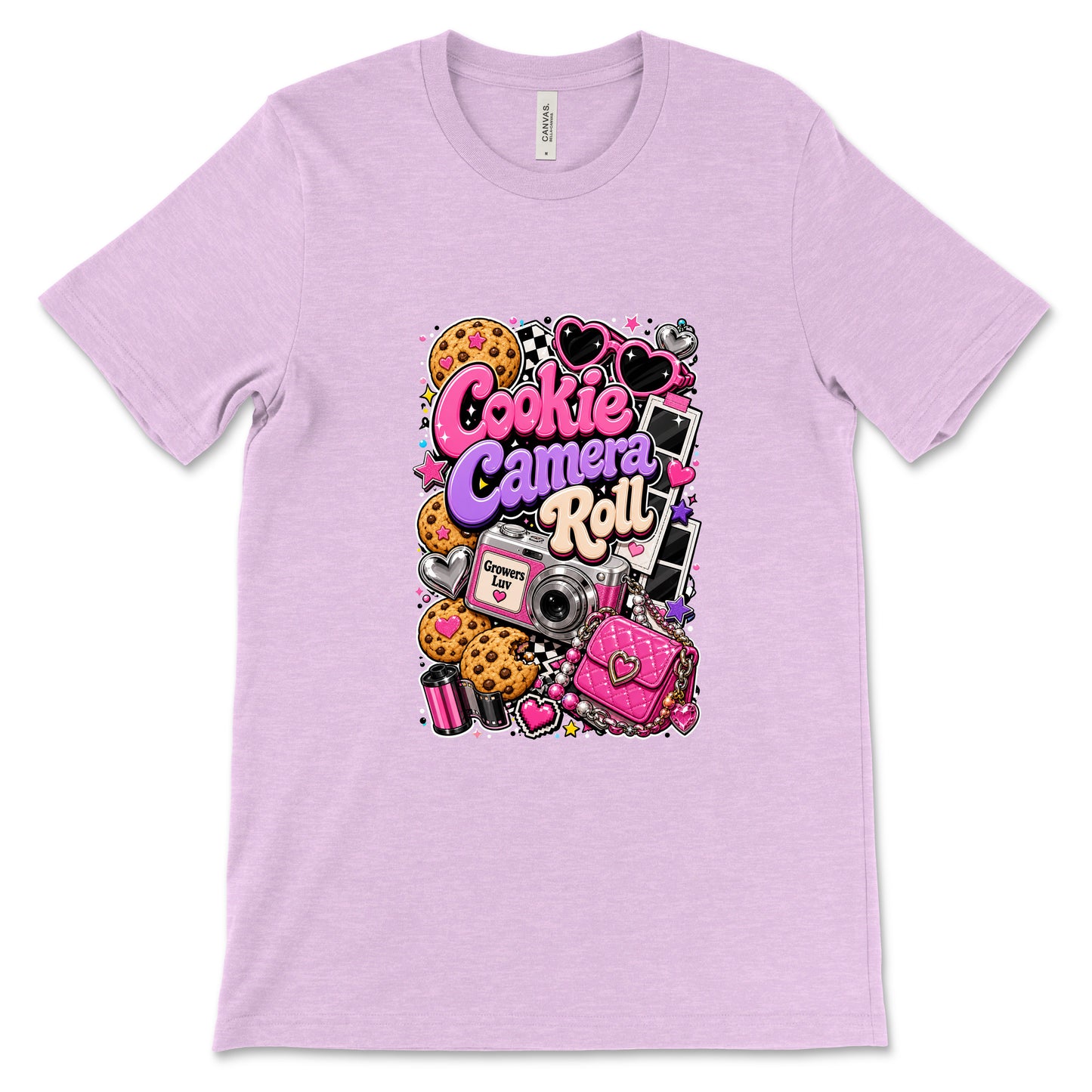 Cookie Camera Roll Women's Bella Canvas Graphic Tee in Heather Prism Lilac