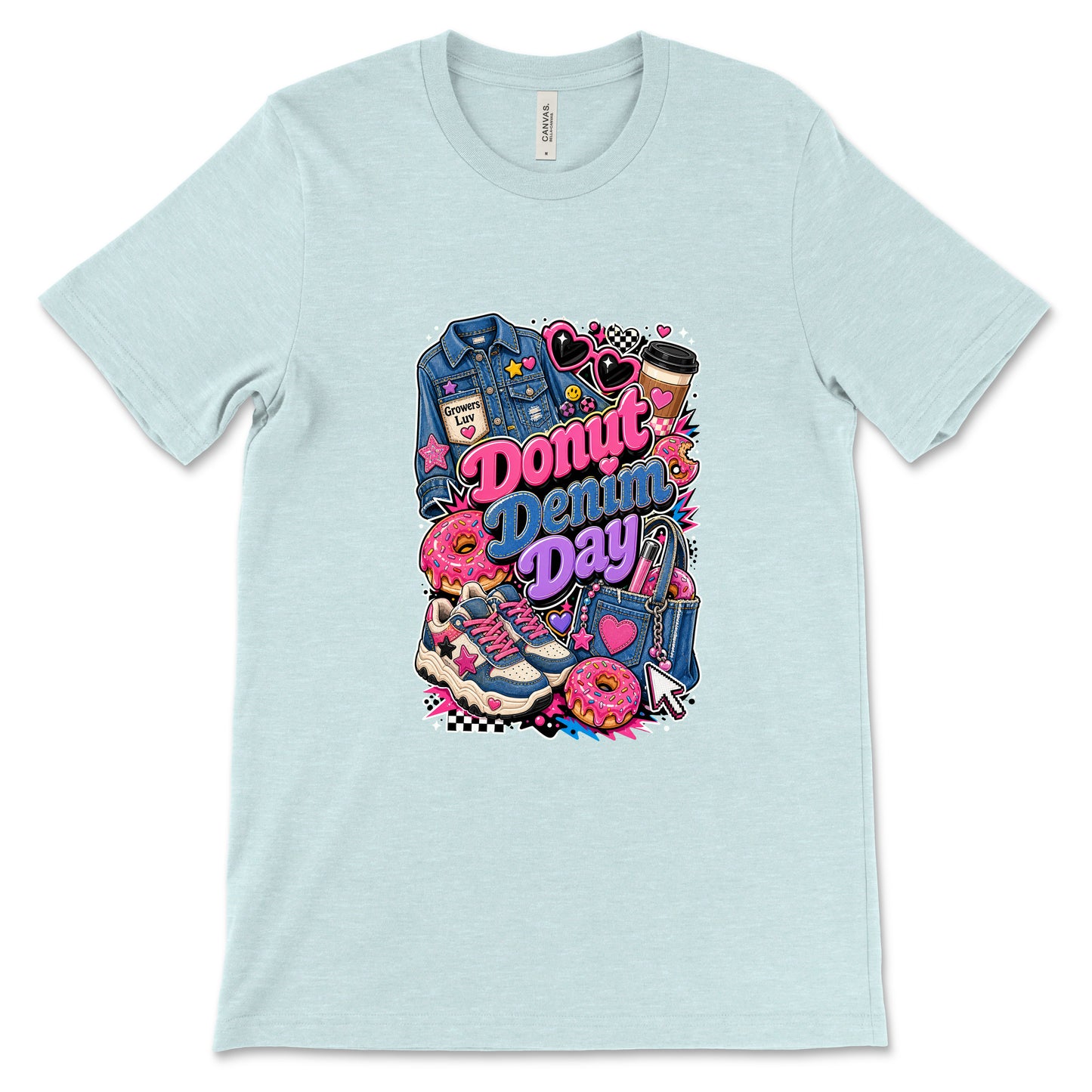 Donut Denim Day Women's Bella Canvas Graphic Tee in Heather Ice Blue