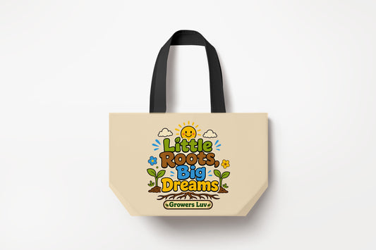 Little Roots Big Dreams V2 Large Natural Tote Bag product mockup on natural tote bag