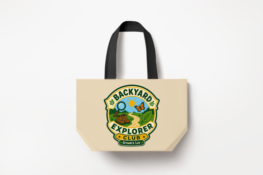 Backyard Explorer Club Large Natural Tote Bag product mockup on natural tote bag