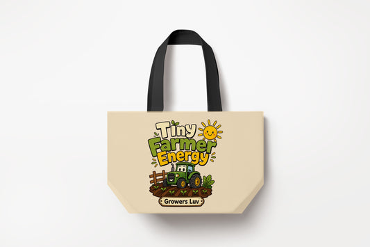 Tiny Farmer Energy Large Natural Tote Bag product mockup on natural tote bag
