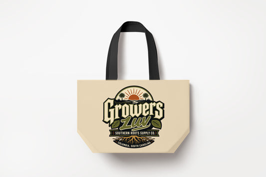 Southern Roots Supply Co Large Natural Tote Bag product mockup on natural tote bag