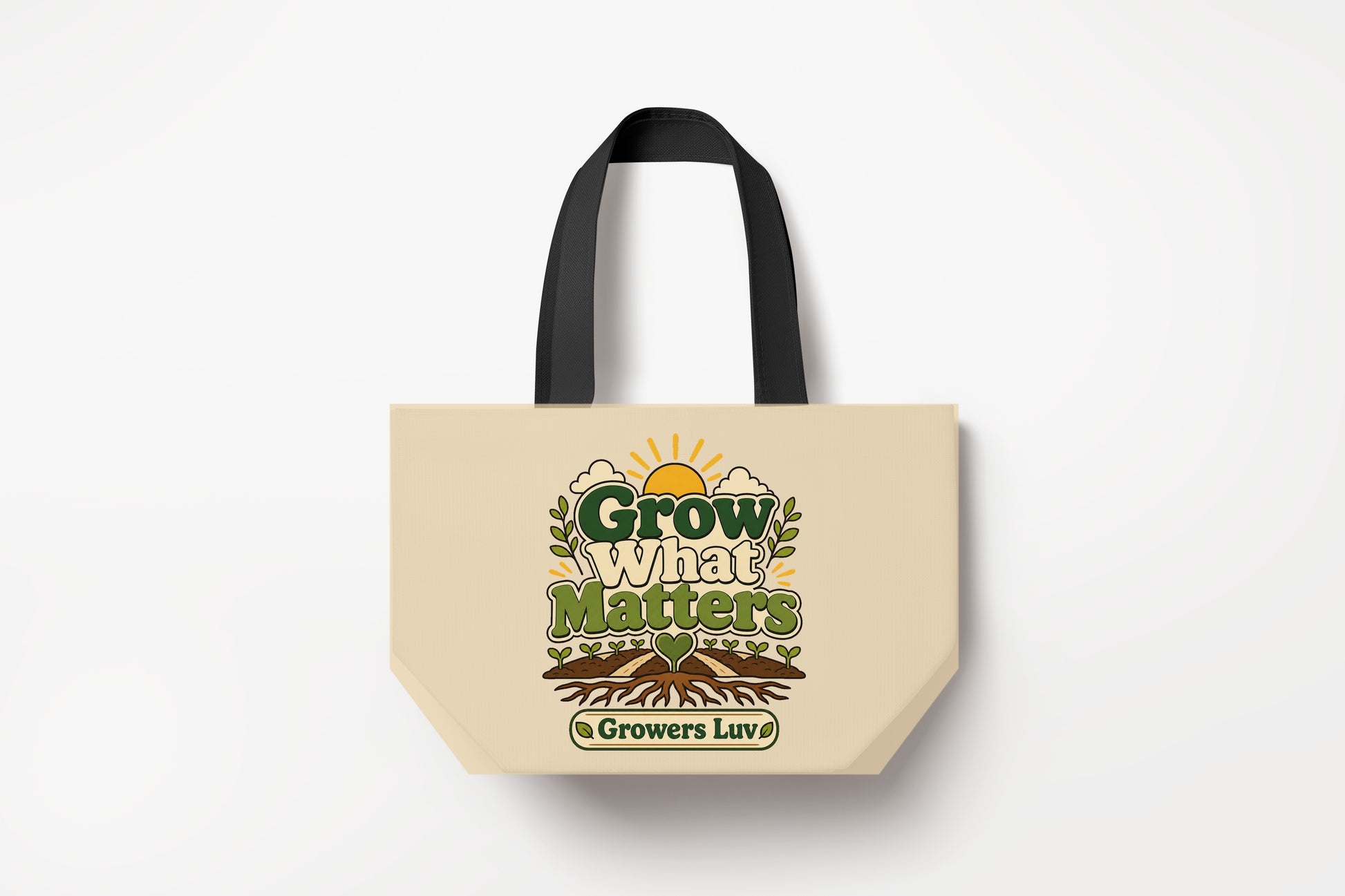 Grow What Matters Large Natural Tote Bag product mockup on natural tote bag