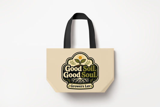 Good Soil Good Soul Large Natural Tote Bag product mockup on natural tote bag