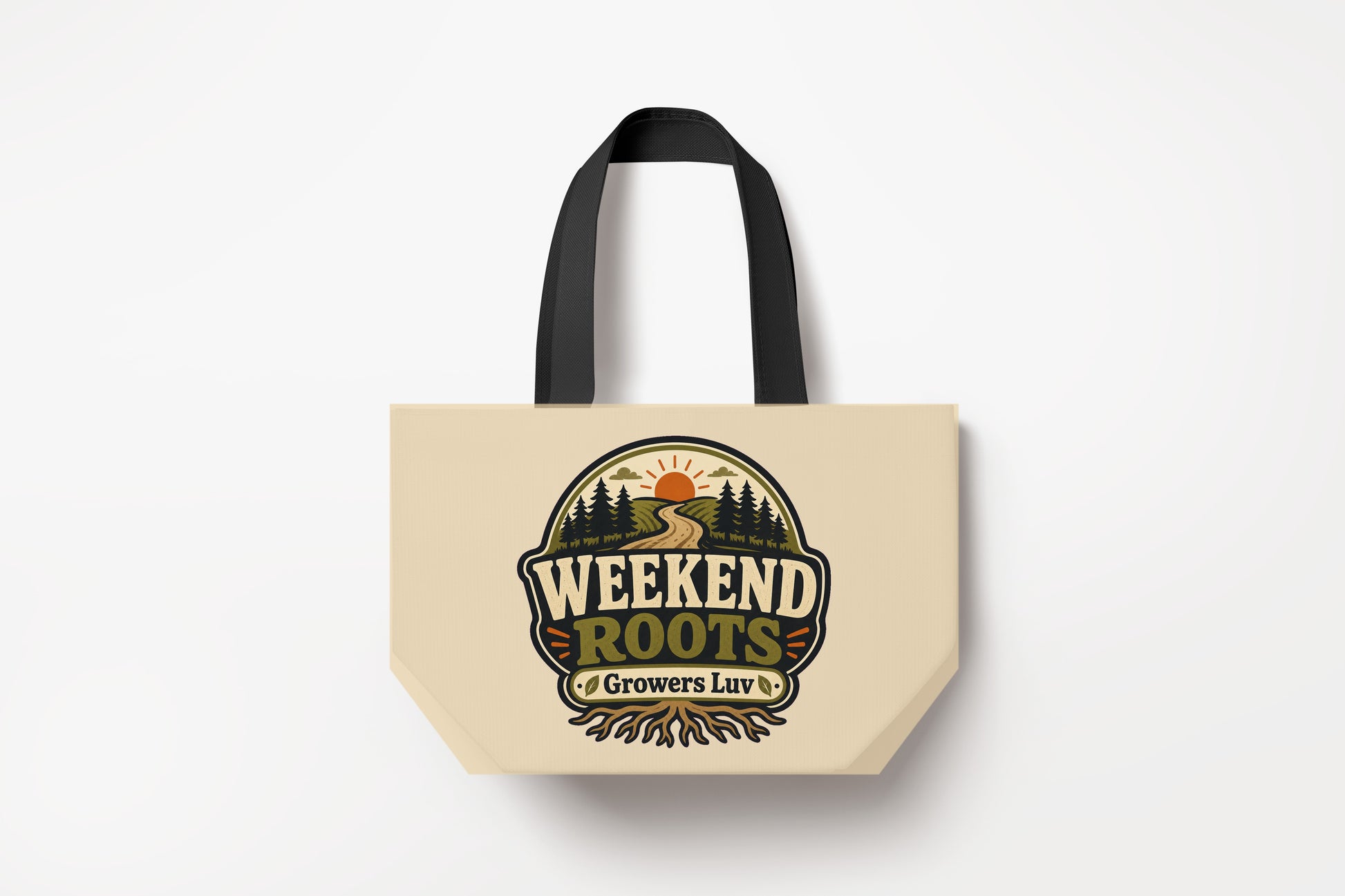 Weekend Roots Large Natural Tote Bag product mockup on natural tote bag