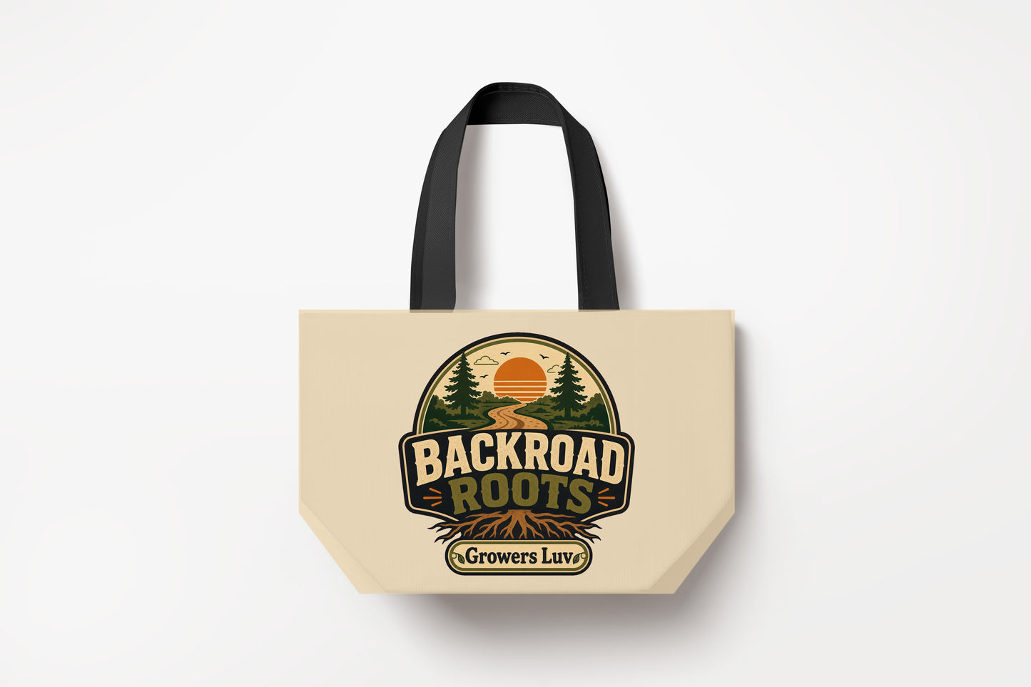 Backroad Roots Large Natural Tote Bag product mockup on natural tote bag
