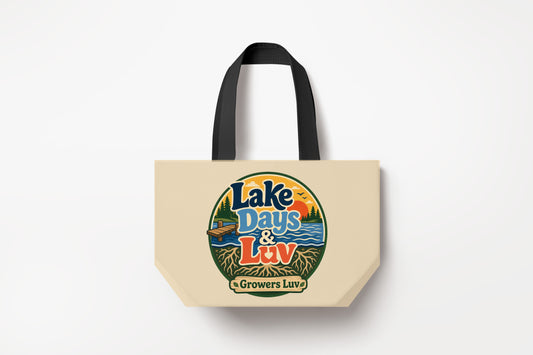 Lake Days Luv Large Natural Tote Bag product mockup on natural tote bag