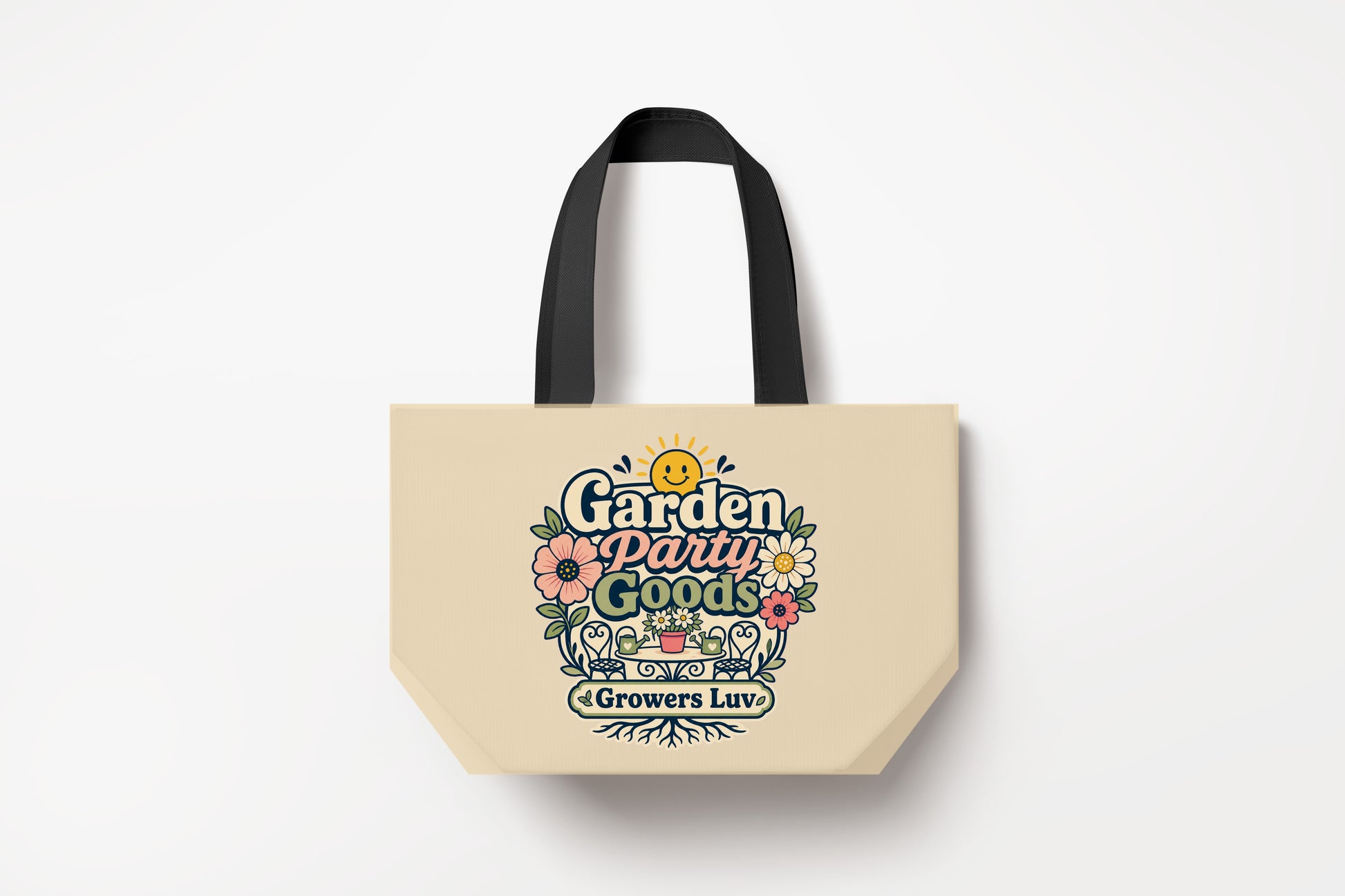 Garden Party Goods Large Natural Tote Bag product mockup on natural tote bag