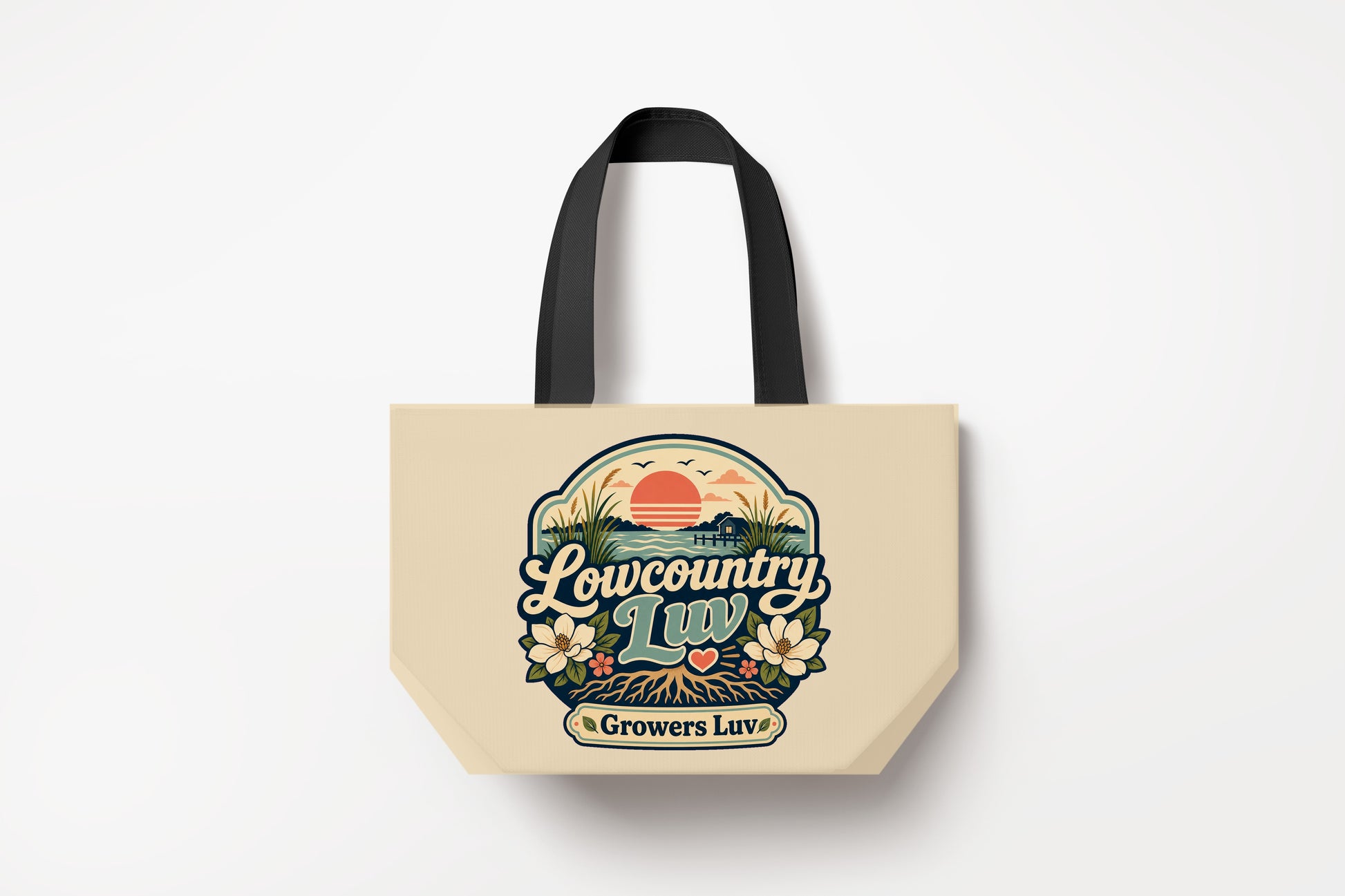 Lowcountry Luv Large Natural Tote Bag product mockup on natural tote bag