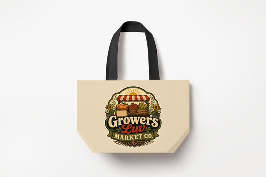 Growers Luv Market Co Large Natural Tote Bag product mockup on natural tote bag