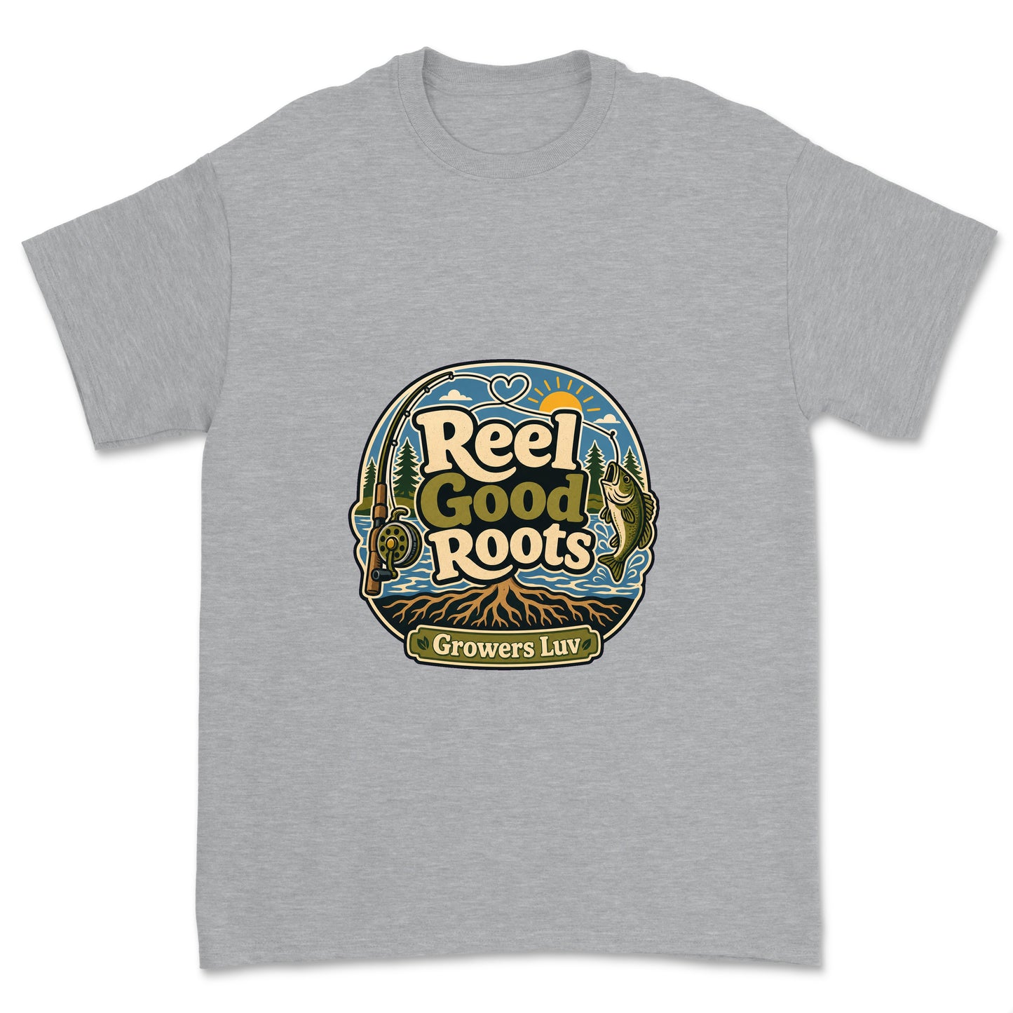 Reel Good Roots Men's Gildan Graphic Tee in Sport Grey Heather