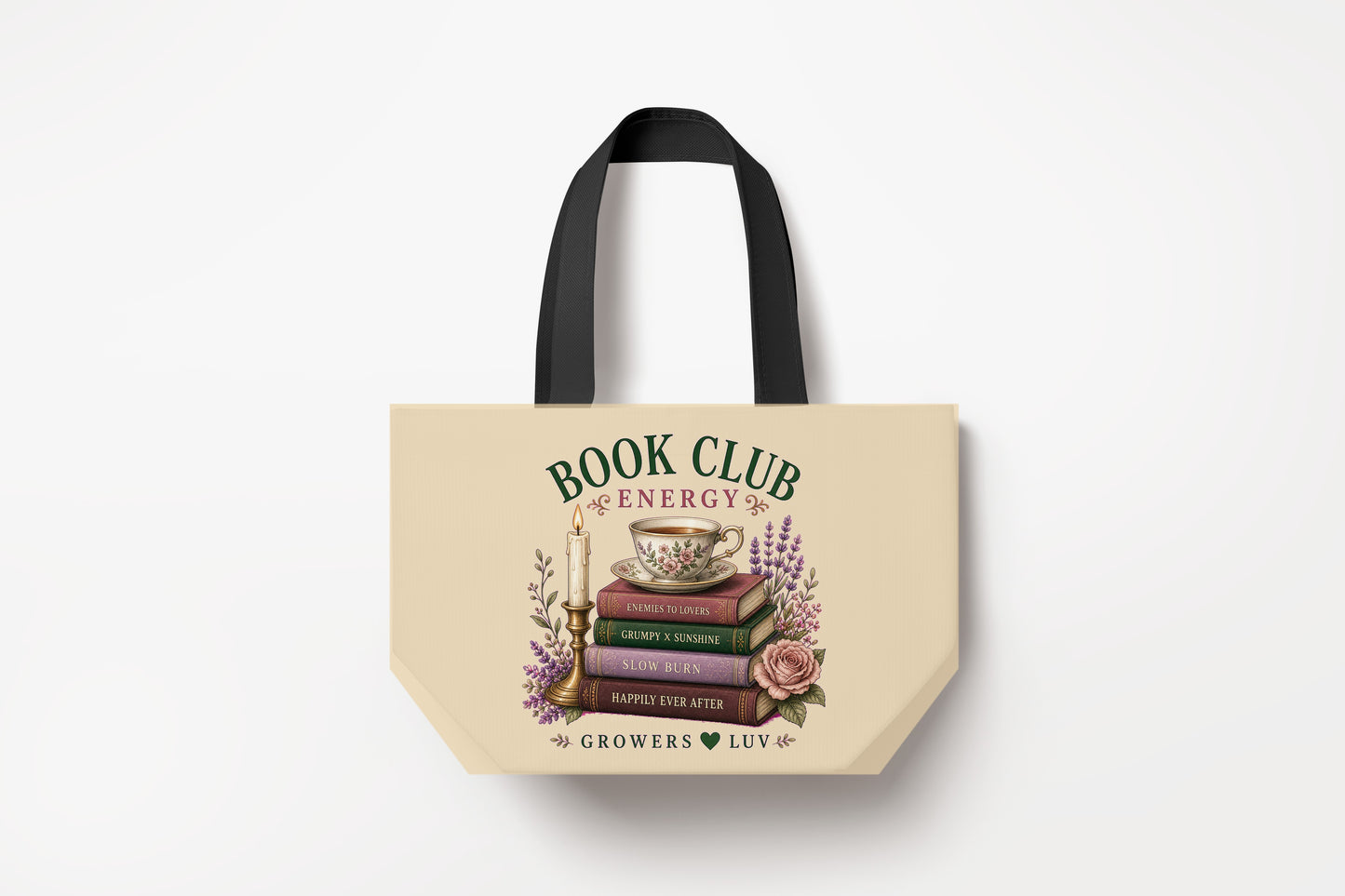 Book Club Energy Large Natural Tote Bag product mockup on natural tote bag