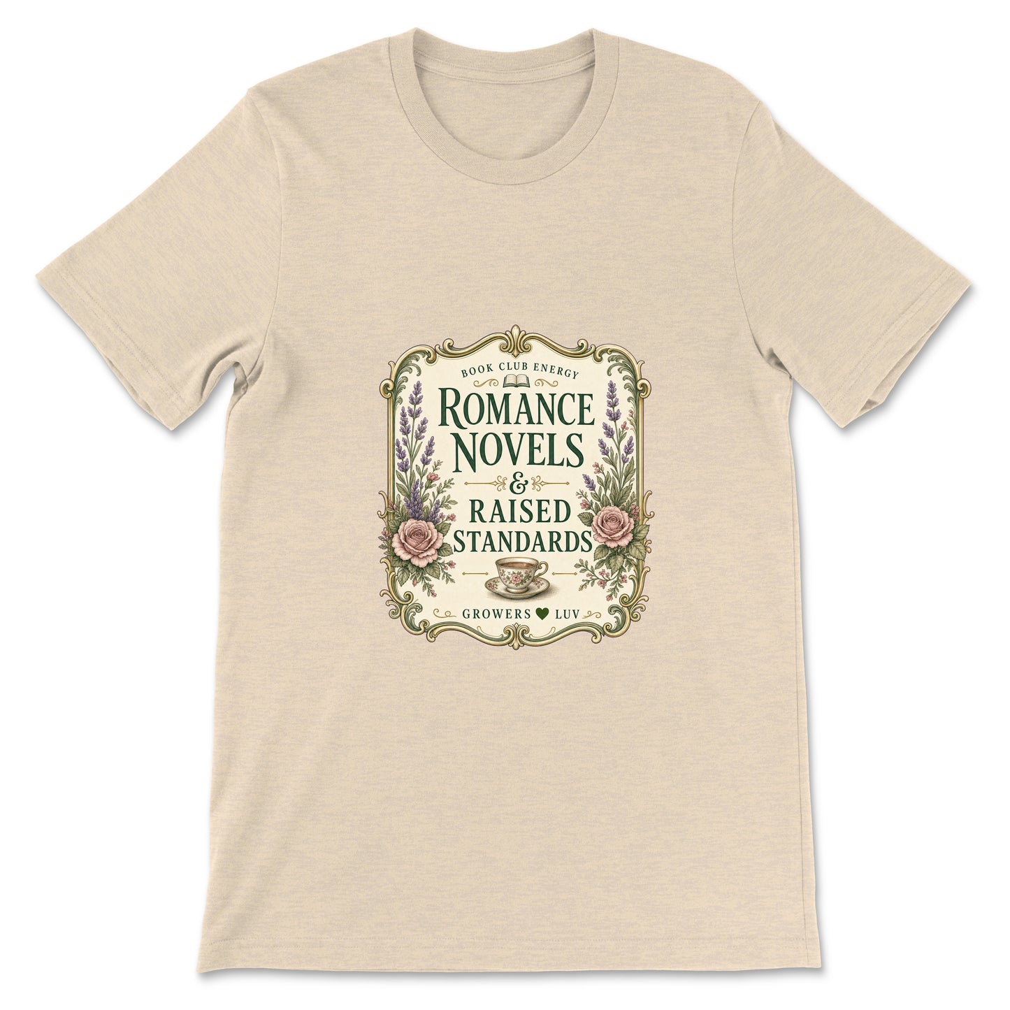 Romance Novels And Raised Standards Women's Bella Canvas Graphic Tee in Heather Dust