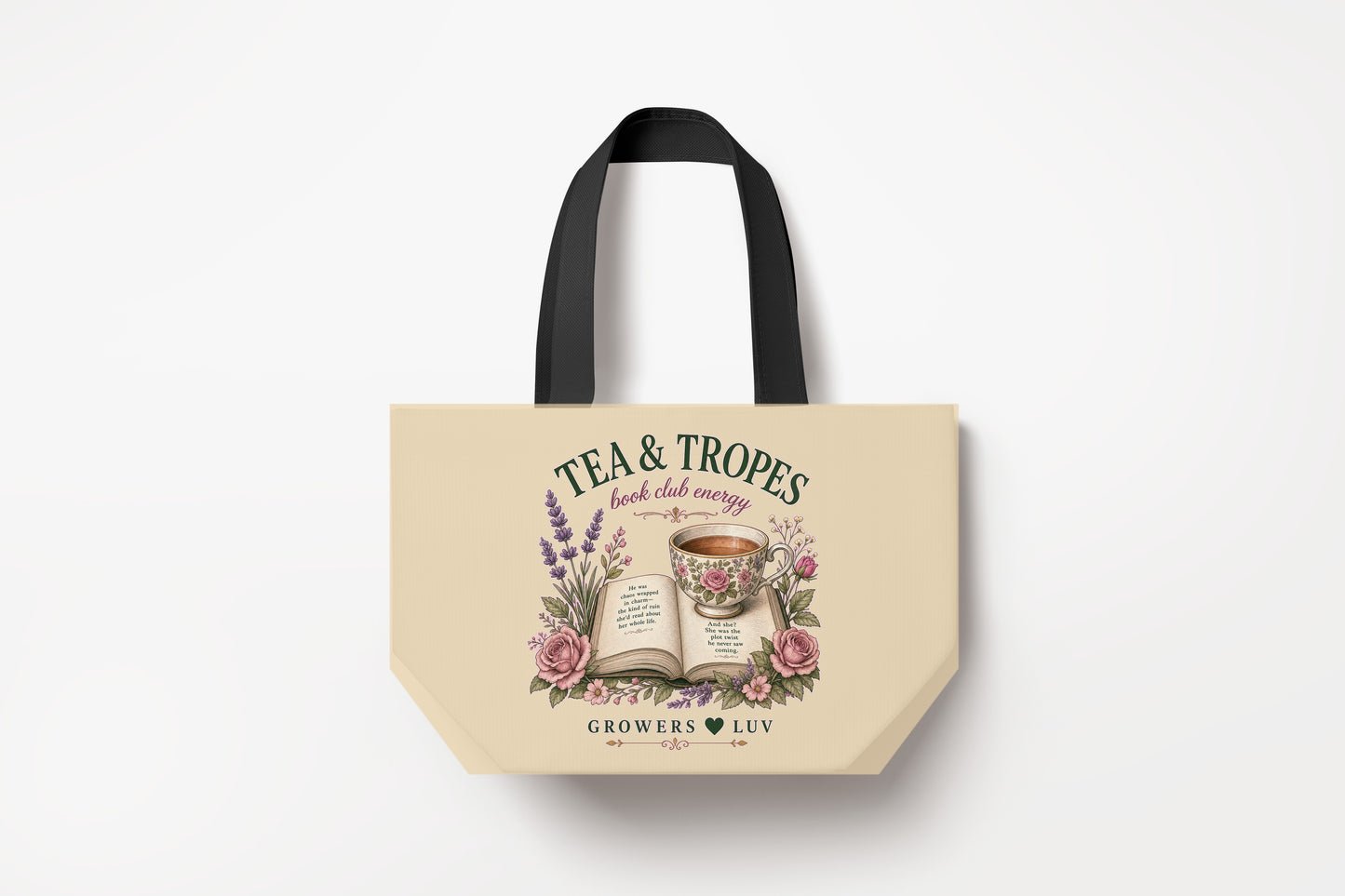 Tea And Tropes Large Natural Tote Bag product mockup on natural tote bag