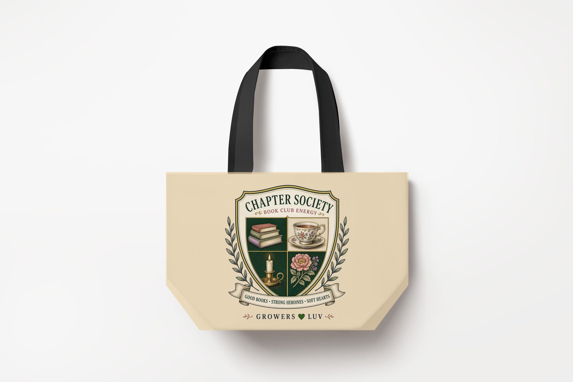 Chapter Society Large Natural Tote Bag product mockup on natural tote bag